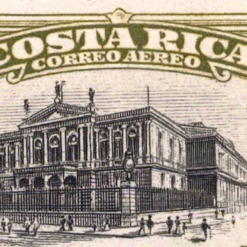 En la imagen se aprecia la fachada principal del Teatro Nacional. Estampilla 1 colón  publicada en 1947.