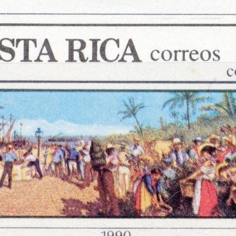 En la imagen se aprecia la pintura de Aleardo Villa,  elaborada en 1897,  central del tríptico de la alegoría El comercio y la agricultura en Costa Rica; se ubica esta se encuentra en el cielo raso del segundo vestíbulo del Teatro Nacional.